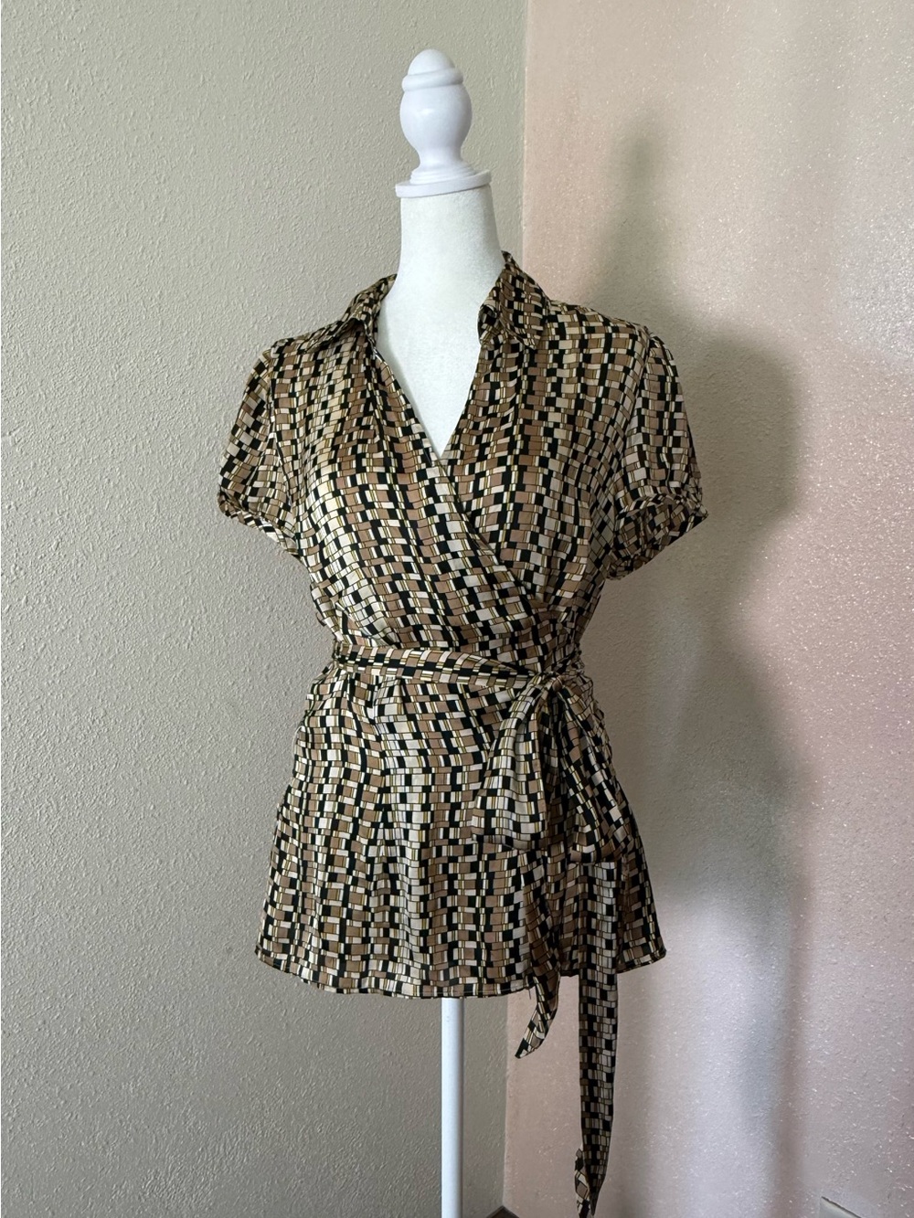 LOFT Beige & Black Geometric Wrap Blouse